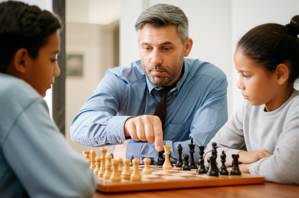 Chess instructor teaching a beginner